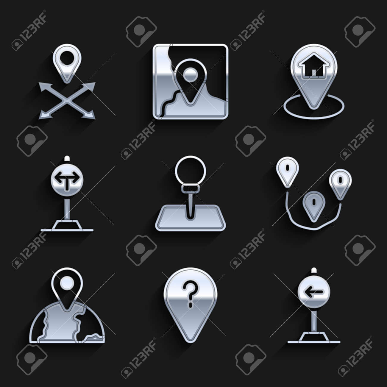 푸시 핀 알 수 없는 경로 지점 교통 표지 좌회전 경로 위치 위치 집과 아이콘 벡터가 있는 지구 갈림길 설정 로열티 무료 사진, 그림,  이미지 그리고 스톡포토그래피. Image 175719874