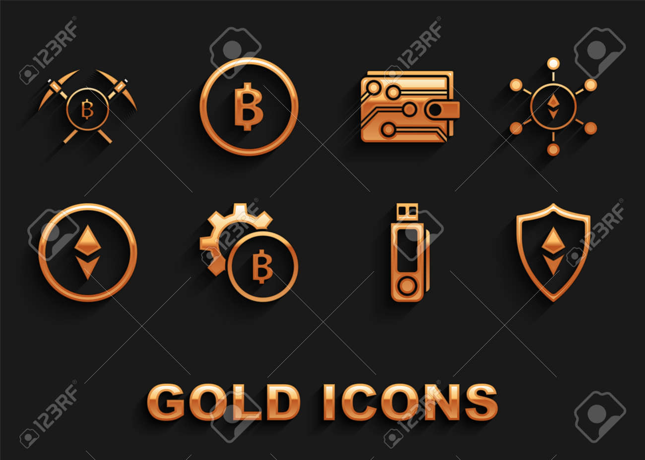 암호화폐 코인 비트코인, 블록체인 기술 이더리움 Eth, 실드, USB 플래시 드라이브, 지갑, 교차 곡괭이 및 아이콘을 설정합니다.  벡터 로열티 무료 사진, 그림, 이미지 그리고 스톡포토그래피. Image 175823804