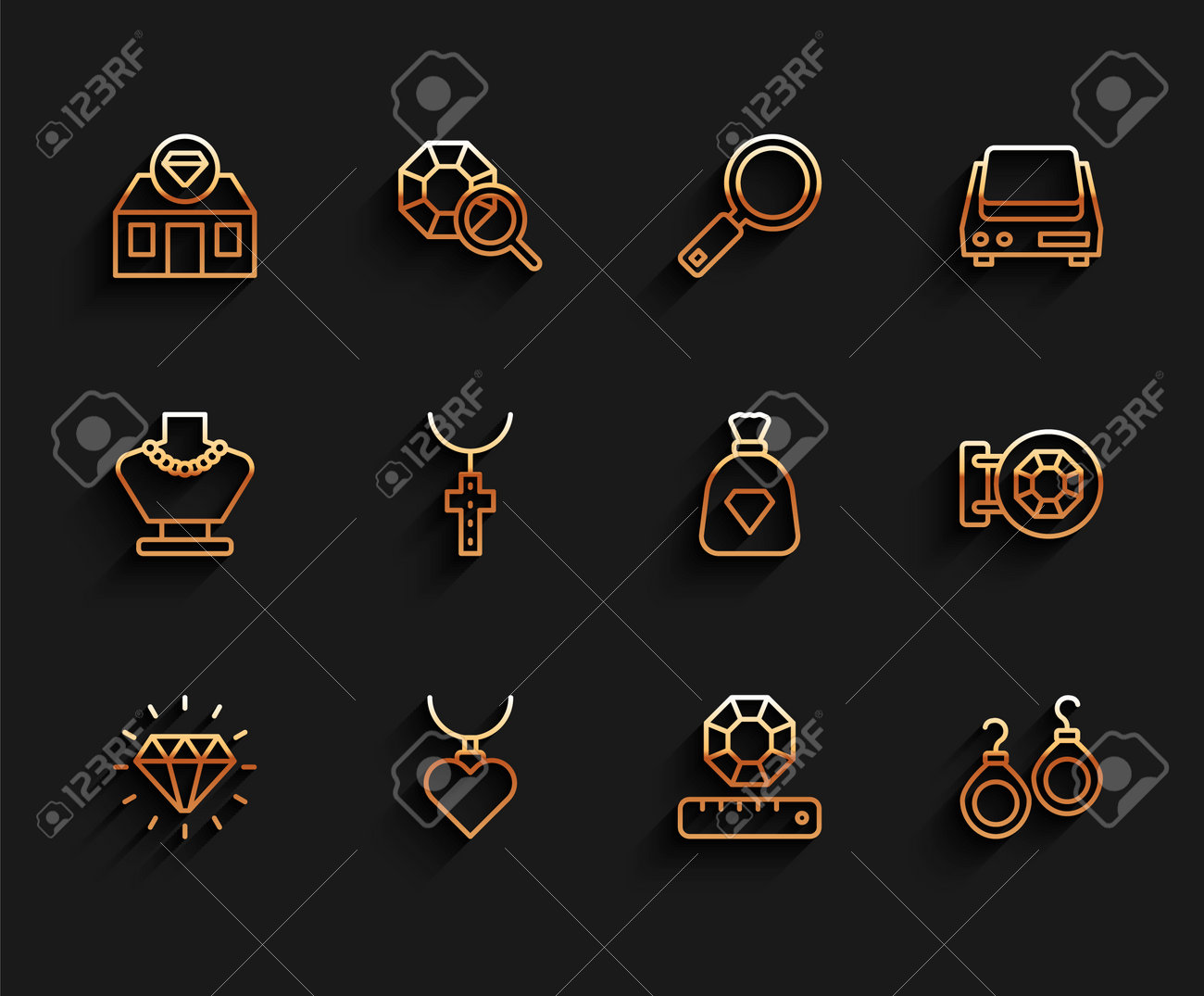 세트 라인 다이아몬드, 하트 모양의 펜던트가 있는 목걸이, 보석 가게, 보석 돌, 귀걸이, 기독교 십자가 체인, 가방 보석 아이콘.  벡터 로열티 무료 사진, 그림, 이미지 그리고 스톡포토그래피. Image 176189352