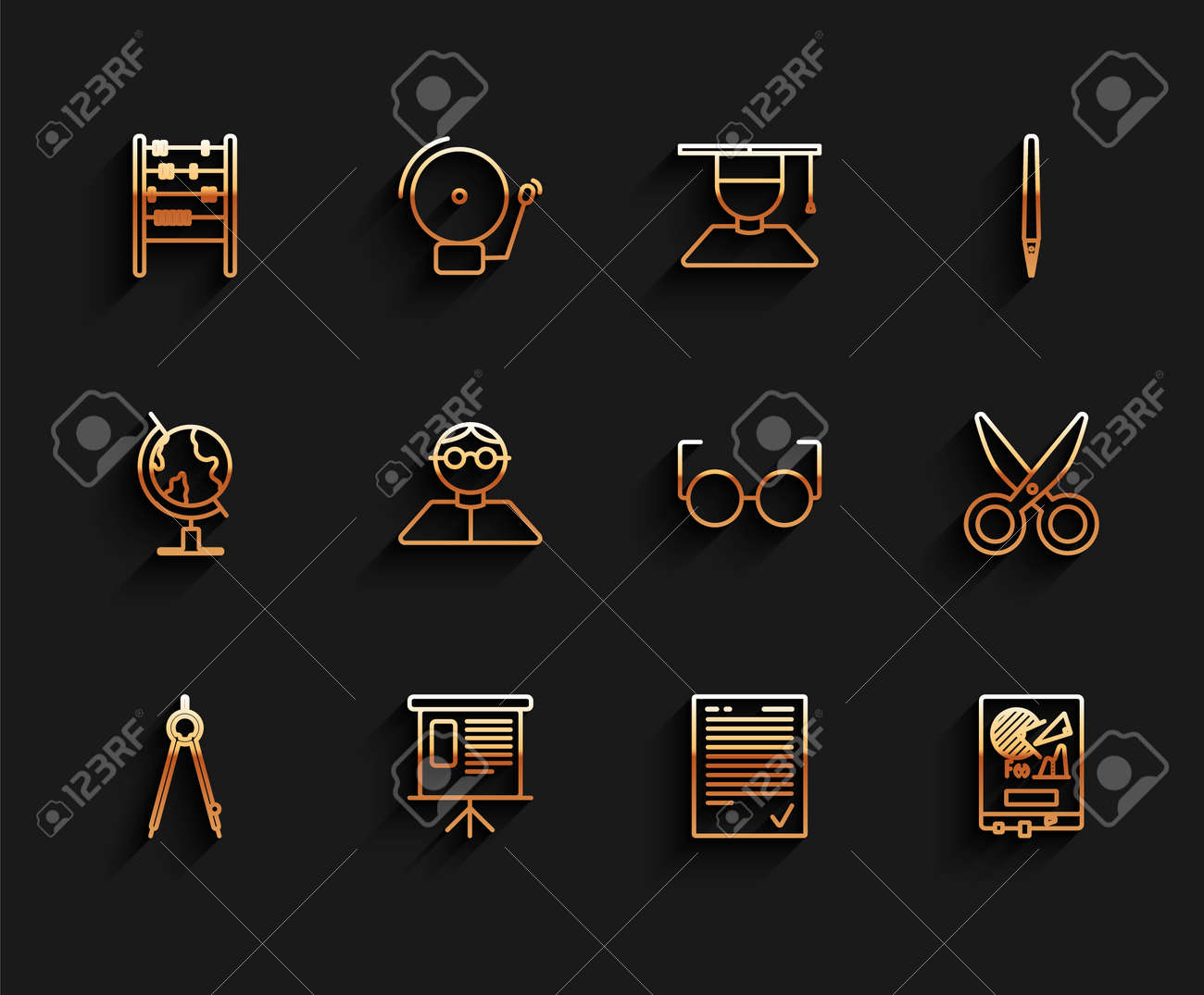 線画コンパス、グラフ、スケジュール、チャート、図、インフォグラフィック、円グラフ、そろばん、試験シートのチェックマーク、ボード、学生、はさみ、ガラスのアイコンでプレゼンテーション財務ボードを設定します。ベクターのイラスト素材・ベクター  Image 176782184