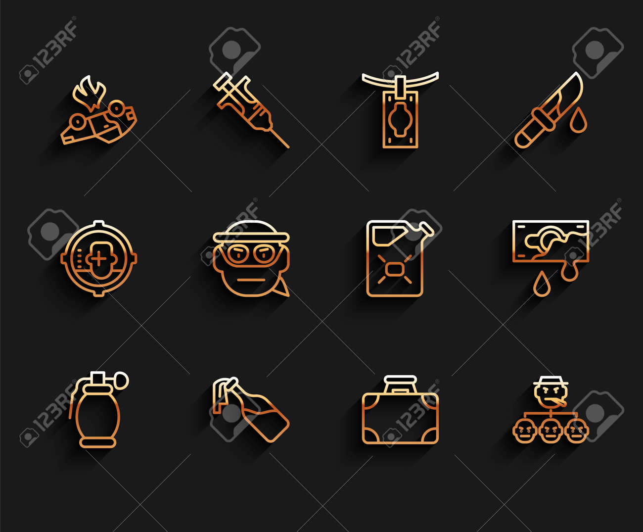 수류탄, 칵테일 몰로토프, 불타는 자동차, 서류 가방 돈, 마피아, 산적, 피 묻은 연료 아이콘을 설정합니다. 벡터 로열티 무료 사진,  그림, 이미지 그리고 스톡포토그래피. Image 177111681