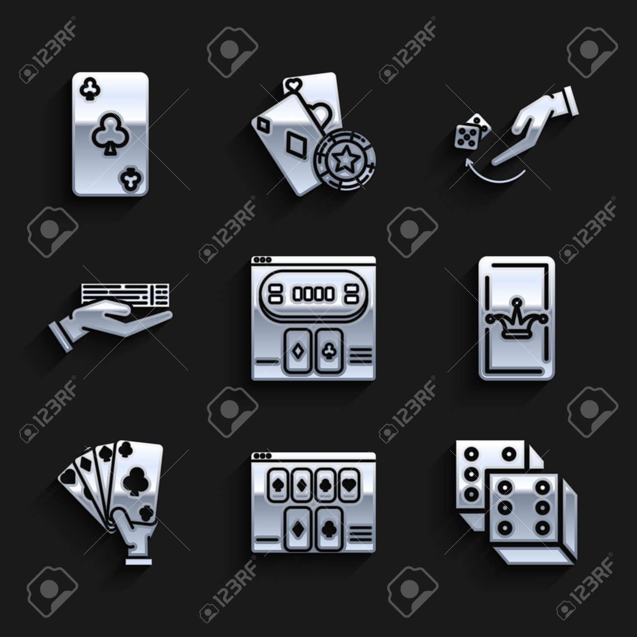 온라인 포커 테이블 게임, 게임 주사위, 조커 플레이 카드, 손 잡고 카드, 데크, 인간 손 던지기 및 클럽 기호 아이콘으로 게임을  설정합니다. 벡터 로열티 무료 사진, 그림, 이미지 그리고 스톡포토그래피. Image 177657097