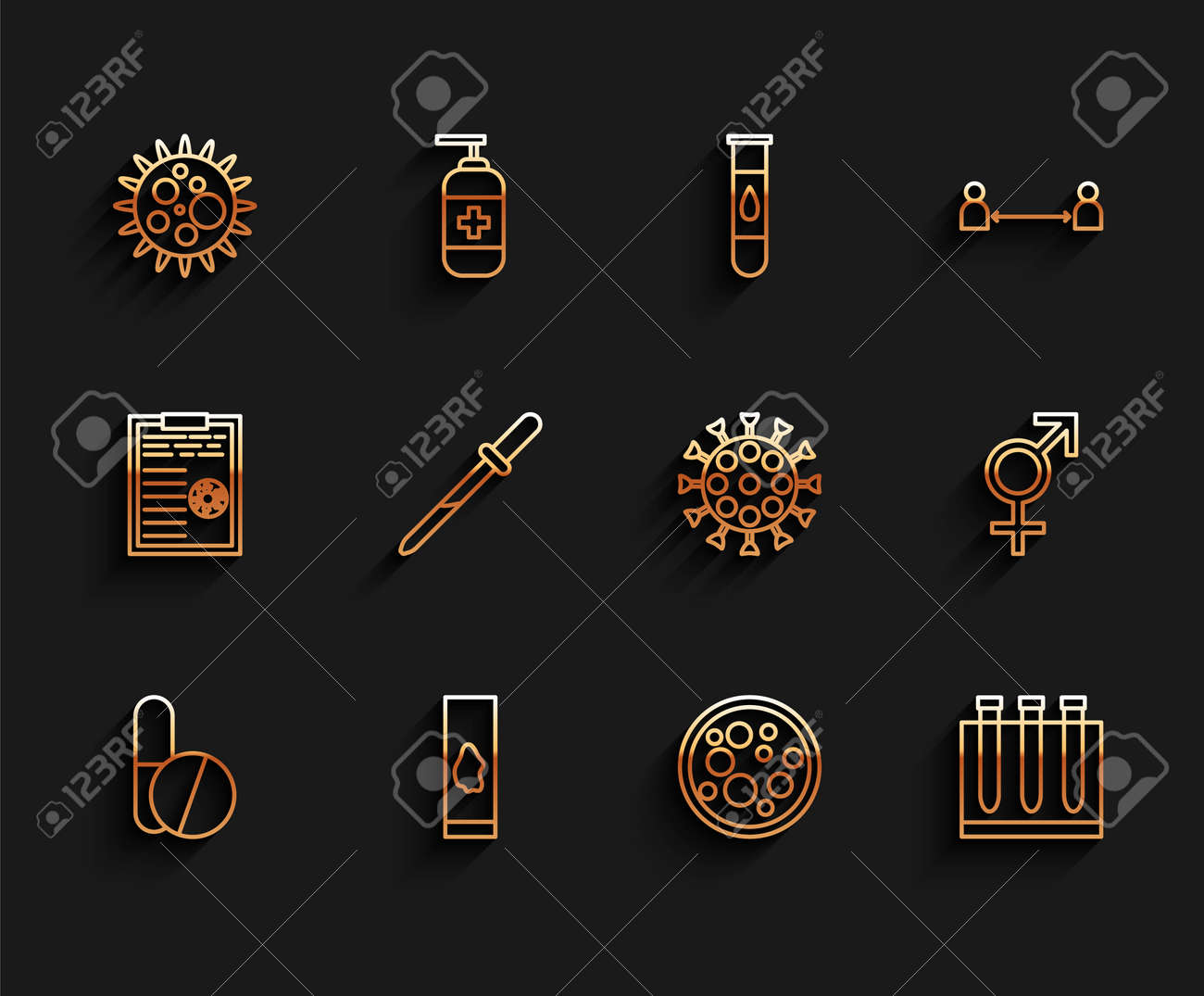 라인 약이나 태블릿, 혈액 검사 및 바이러스, 바이러스, 피펫, 성별 및 아이콘을 설정합니다. 벡터 로열티 무료 사진, 그림, 이미지  그리고 스톡포토그래피. Image 177657485