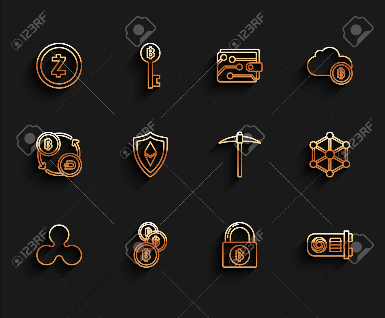 암호화폐 코인 리플 Xrp, 비트코인, Zcash Zec, 비트코인 잠금, 마이닝 팜, 쉴드 이더리움 Eth, 블록체인 기술 및 곡괭이  아이콘을 설정합니다. 벡터 로열티 무료 사진, 그림, 이미지 그리고 스톡포토그래피. Image 178564804