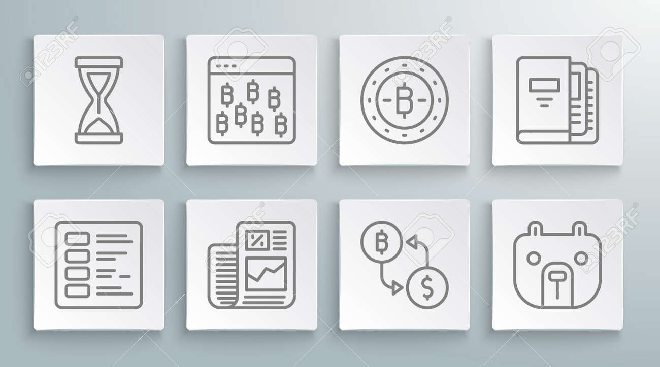 Establezca El Informe De Finanzas Comerciales De Línea, El Navegador Bitcoin,  El Intercambio De Criptomonedas, El Mercado De Osos, Las Carpetas De Office  Y El Icono Del Reloj De Arena Antiguo. Vector