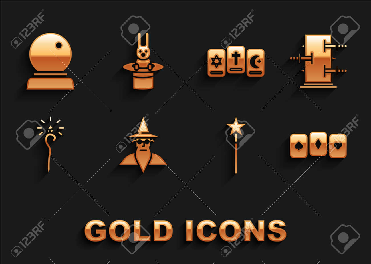 마법사 흑마법사, 마술 트릭을 위한 트렁크, 카드 놀이, 마술 지팡이, 지팡이, 세 개의 타로, 공, 마술사 모자 토끼 아이콘을  설정합니다. 벡터 로열티 무료 사진, 그림, 이미지 그리고 스톡포토그래피. Image 179003232