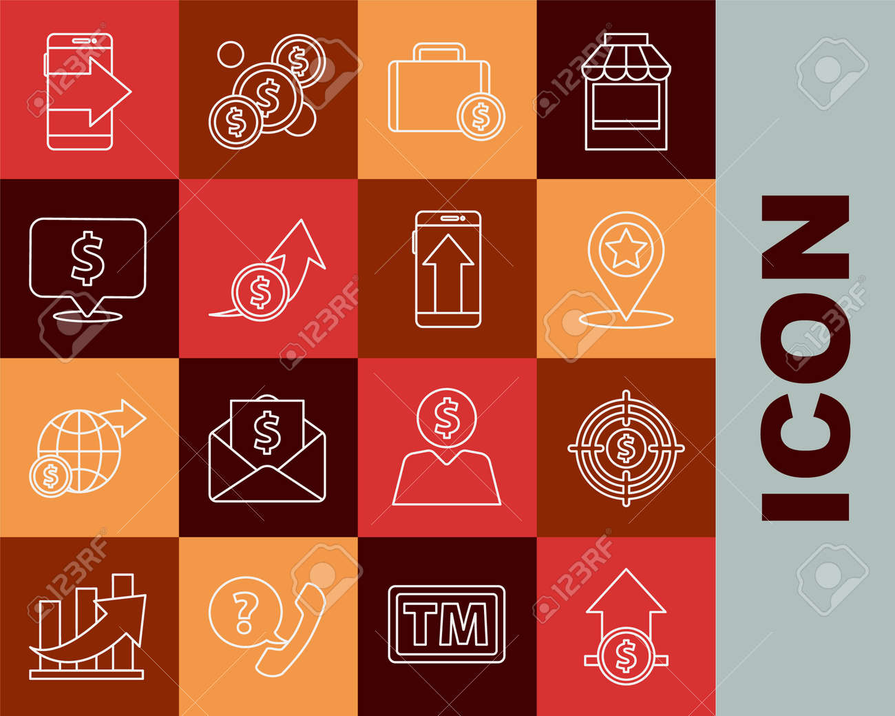 달러 지도 포인터 별 서류 가방 돈 연설 거품 스마트폰 휴대폰 및 아이콘 벡터를 사용하여 라인 금융 성장 및 동전 목표 설정 로열티  무료 사진, 그림, 이미지 그리고 스톡포토그래피. Image 178929540