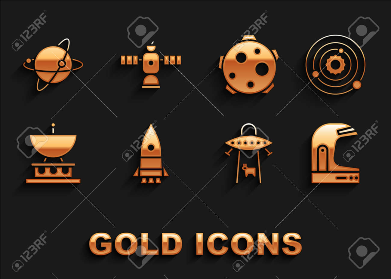 Set Rocket Ship Solar System Astronaut Helmet Ufo Abducts Cow Satellite  Dish Planet Satellites Orbiting The Planet Earth And Icon Vector 로열티 무료 사진,  그림, 이미지 그리고 스톡포토그래피. Image 179561477