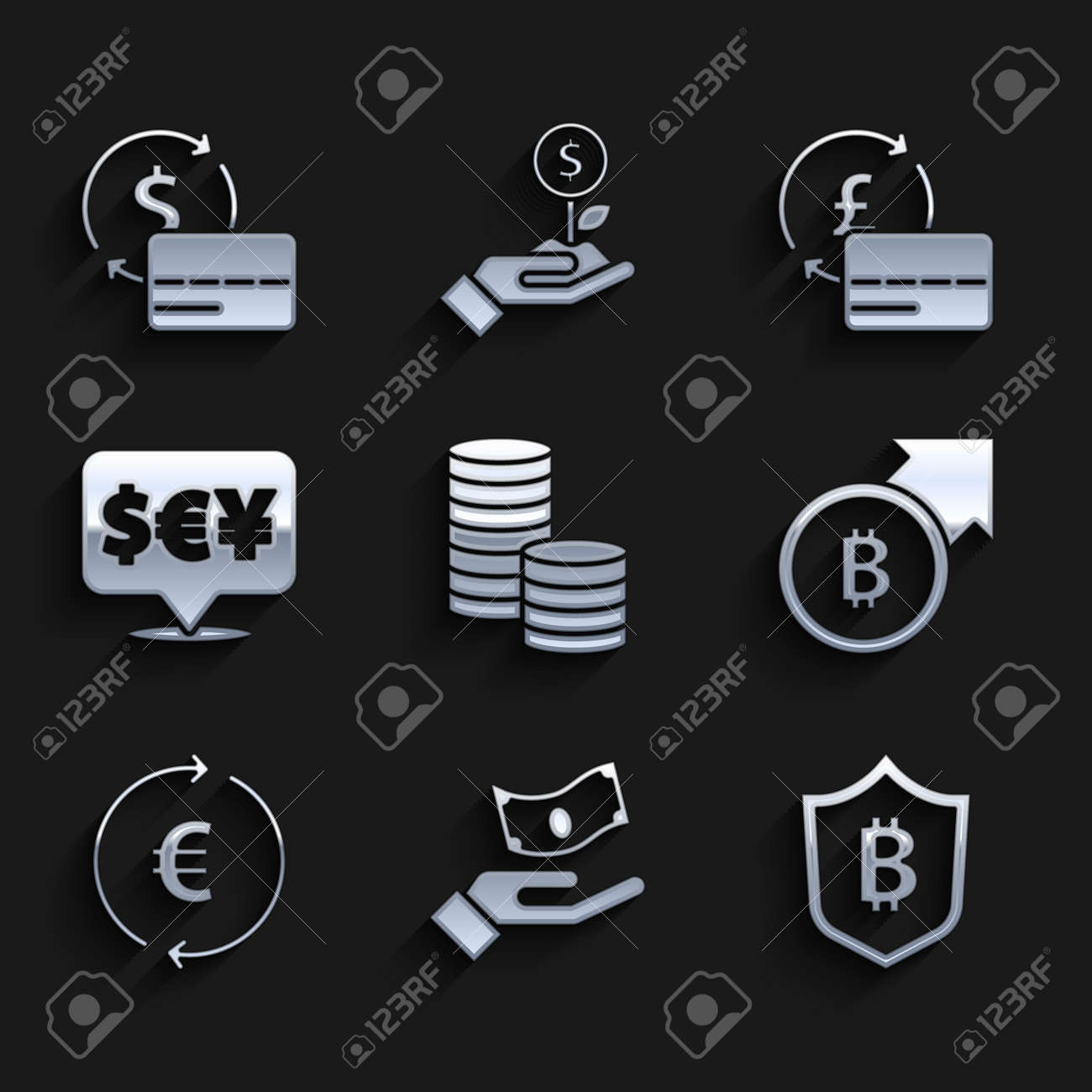 Establezca Dinero De Moneda Con Dólar, Tenencia De Mano, Escudo Bitcoin,  Crecimiento Financiero, Símbolo Del Euro, Cambio De Moneda, Tarjeta De  Crédito E Icono. Vector Ilustraciones svg, vectoriales, clip art  vectorizado libre
