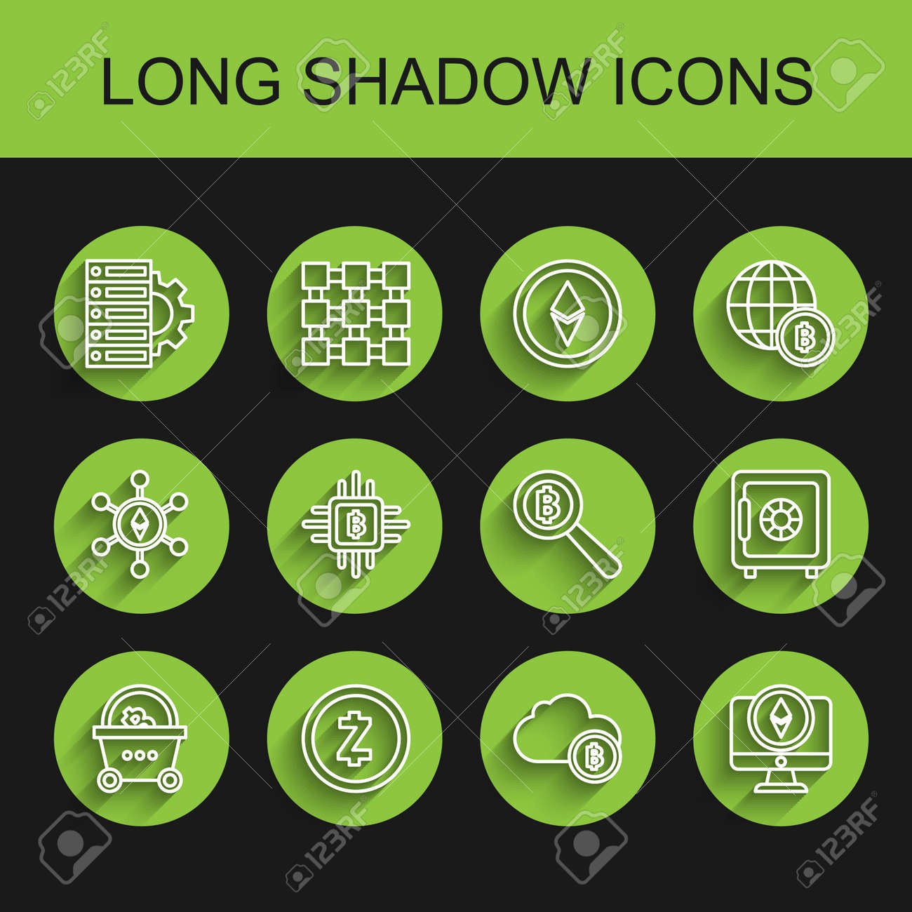 Fije la línea Cesta de compras con bitcoin, Cryptocurrency Zcash ZEC,  servidor y equipo, minería en la nube, Monitor Ethereum ETH, granja de CPU,  icono de Bitcoin de vidrio seguro y lupa.