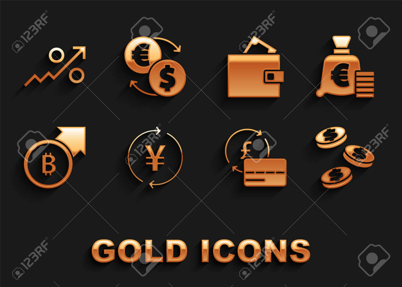 엔화 유로 기호 달러 신용 카드 금융 성장과 비트코인 지갑 백분율 위쪽 화살표 및 화폐 교환 아이콘 벡터를 사용하여 동전 돈을  설정합니다. 로열티 무료 사진, 그림, 이미지 그리고 스톡포토그래피. Image 180111584