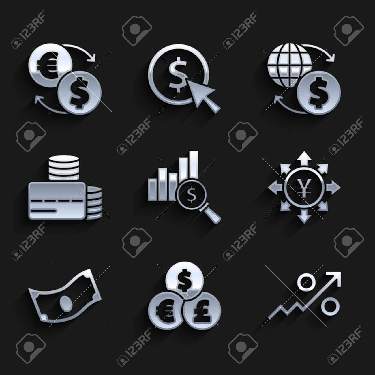 円グラフとドル、両替、上向き矢印、円とコインのお金、スタック紙の現金、クレジットカード、お金とアイコンを設定します。ベクターのイラスト素材・ベクター  Image 180111585