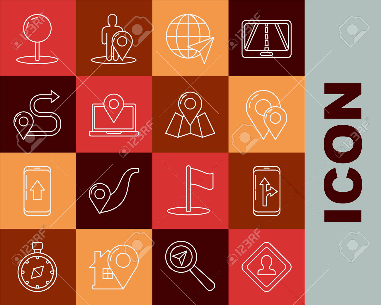 도시 지도 내비게이션 지도 핀 위치의 선 도로 교통 표지 인포그래픽을 설정합니다. 위치 마커 경로 푸시 및 접힌 아이콘 벡터가 있는  글로브 노트북입니다. 로열티 무료 사진, 그림, 이미지 그리고 스톡포토그래피. Image 180936803