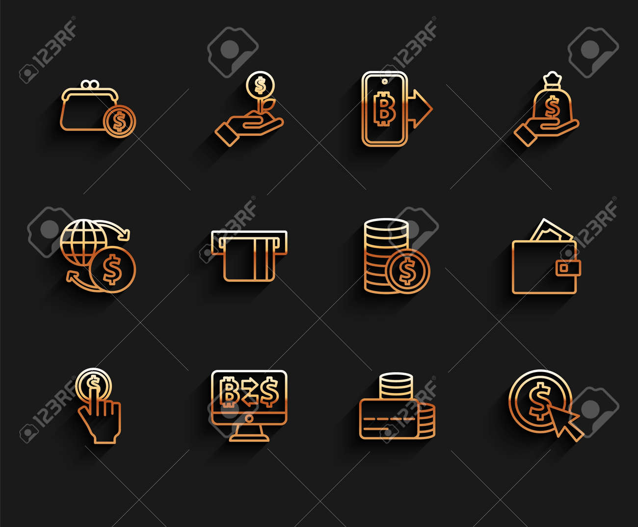 라인 핸드 홀딩 코인, 암호화폐 거래소, 동전 지갑, 신용 카드, 코인 머니 달러, 삽입 및 아이콘을 설정합니다. 벡터 로열티 무료  사진, 그림, 이미지 그리고 스톡포토그래피. Image 181151320