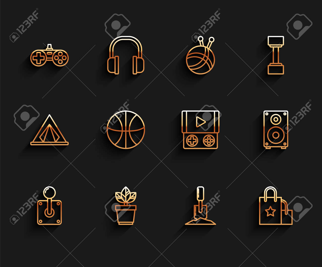 아케이드 기계 꽃 냄비 게임패드용 라인 조이스틱 세트는 지상 종이 쇼핑백 농구 공 스테레오 스피커 및 휴대용 비디오 게임 콘솔 아이콘  벡터를 삽으로 삽니다. 로열티 무료 사진, 그림, 이미지 그리고 스톡포토그래피. Image