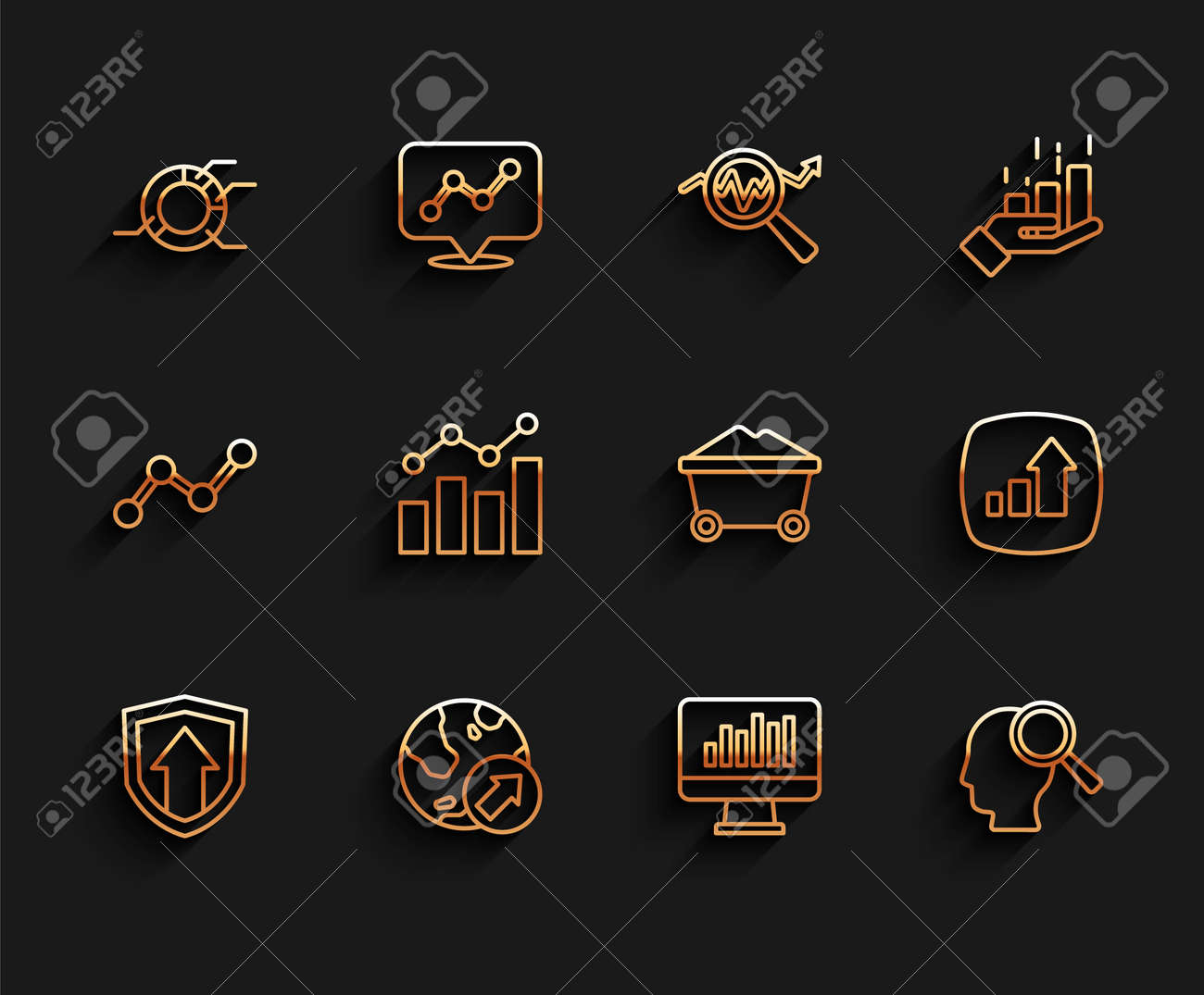 라인 재무 성장, 원형 차트 인포그래픽, 모니터링, 사람 검색 및 탄광 트롤리 아이콘을 설정합니다. 벡터 로열티 무료 사진, 그림,  이미지 그리고 스톡포토그래피. Image 182715336