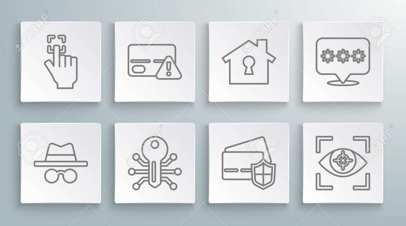 라인 시크릿 모드, 신용 카드, 스마트 키, 실드, 아이 스캔, 보호 중인 집, 암호 및 지문 아이콘을 설정합니다. 벡터 로열티 무료  사진, 그림, 이미지 그리고 스톡포토그래피. Image 189852780