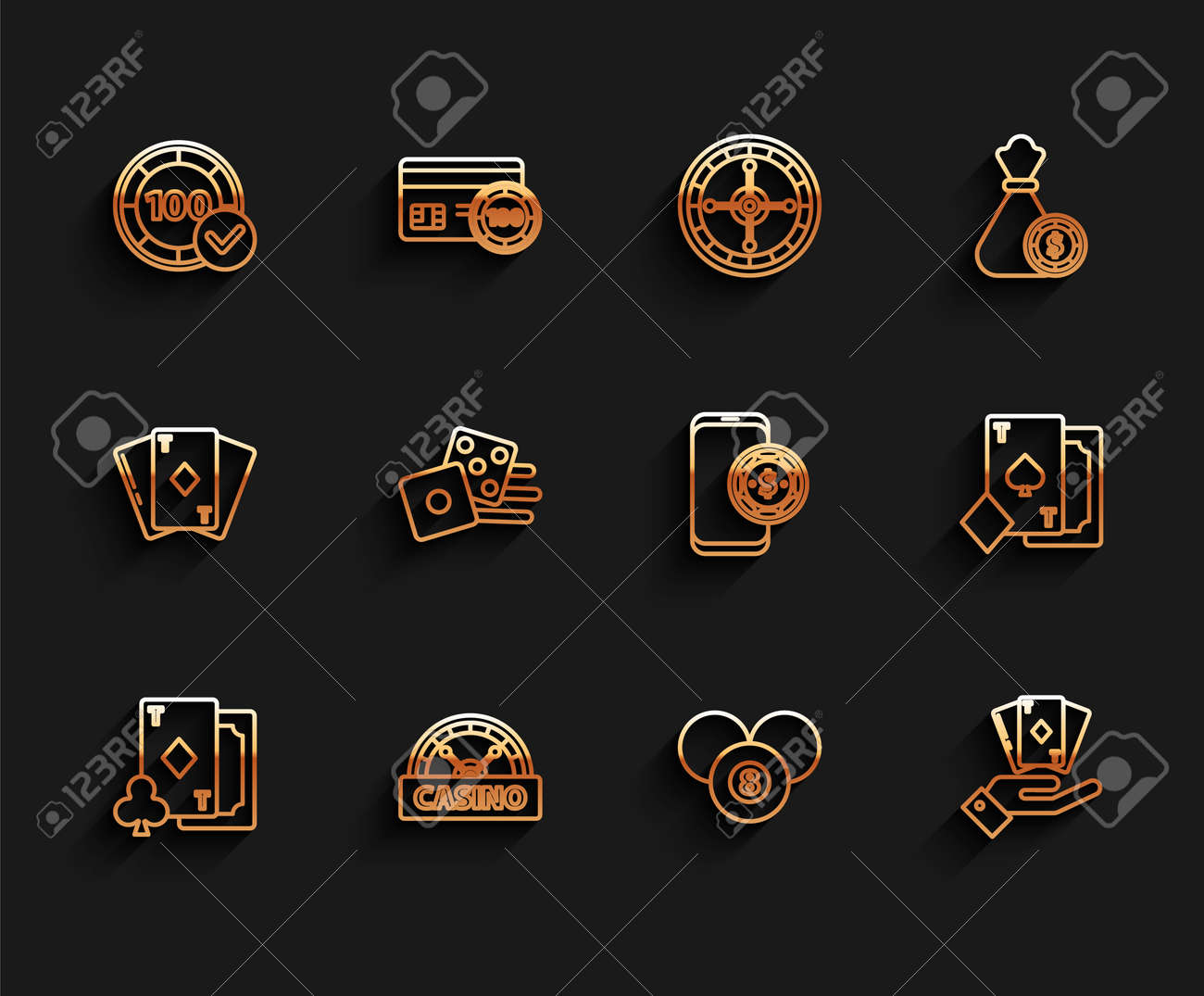 다이아몬드, 카지노 간판, 칩, 당구 풀 스누커 8 볼, 손을 잡고 있는 카드, 게임 주사위, 스페이드, 온라인 포커 테이블 게임  아이콘으로 라인 플레이 카드를 설정합니다. 벡터 로열티 무료 사진, 그림, 이미지 그리고