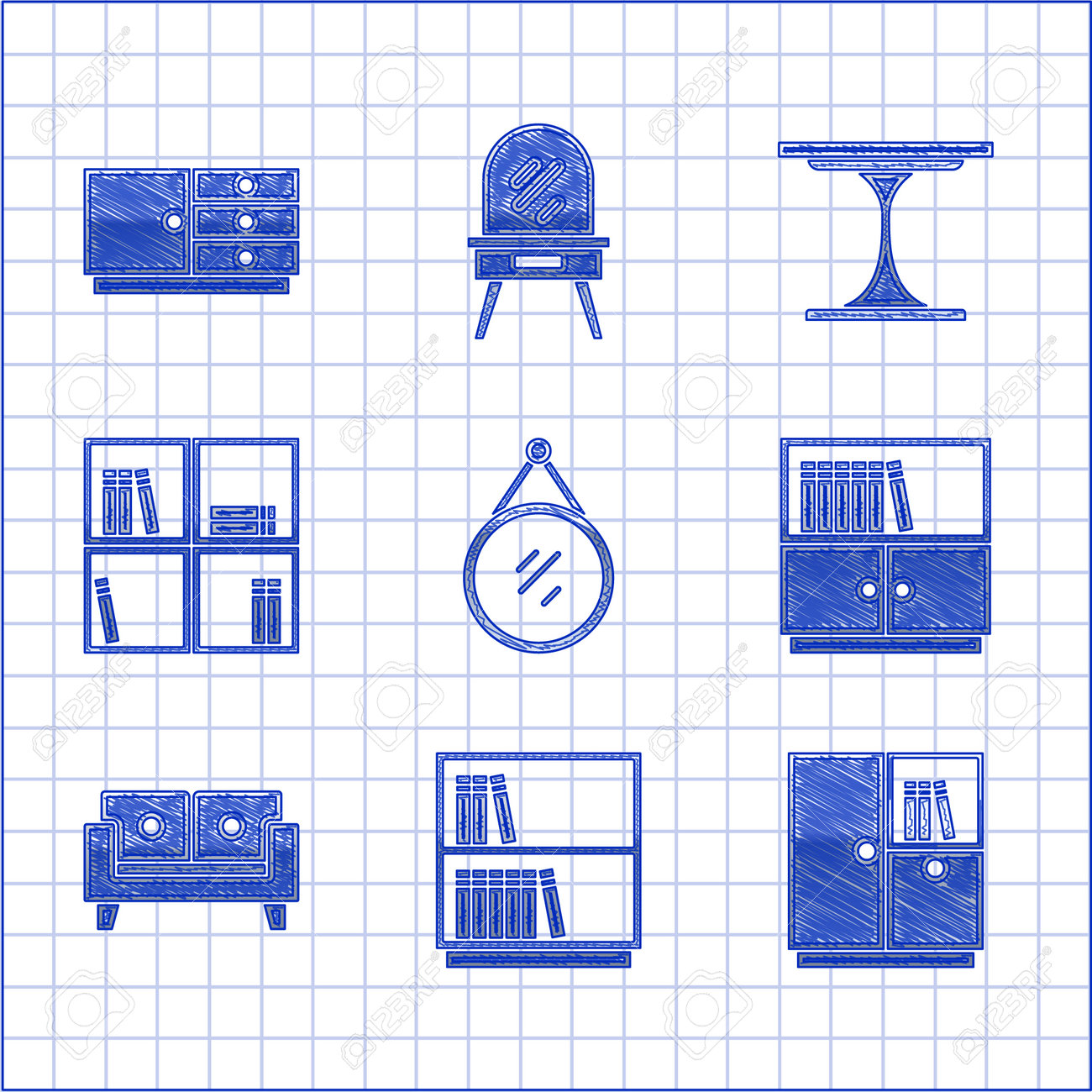 원형 테이블과 가슴 서랍 아이콘 벡터가 있는 거울 도서관 책장 옷장 소파 선반을 설정하세요. 로열티 무료 사진, 그림, 이미지 그리고  스톡포토그래피. Image 194144731