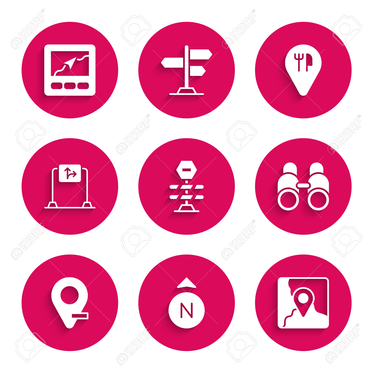 위치 표시 쌍안경 위치 교통 표지 카페, 레스토랑 및 GPS 장치 아이콘 벡터를 사용하여 도로 장벽 나침반 접힌 지도 설정 로열티 무료  사진, 그림, 이미지 그리고 스톡포토그래피. Image 196162620