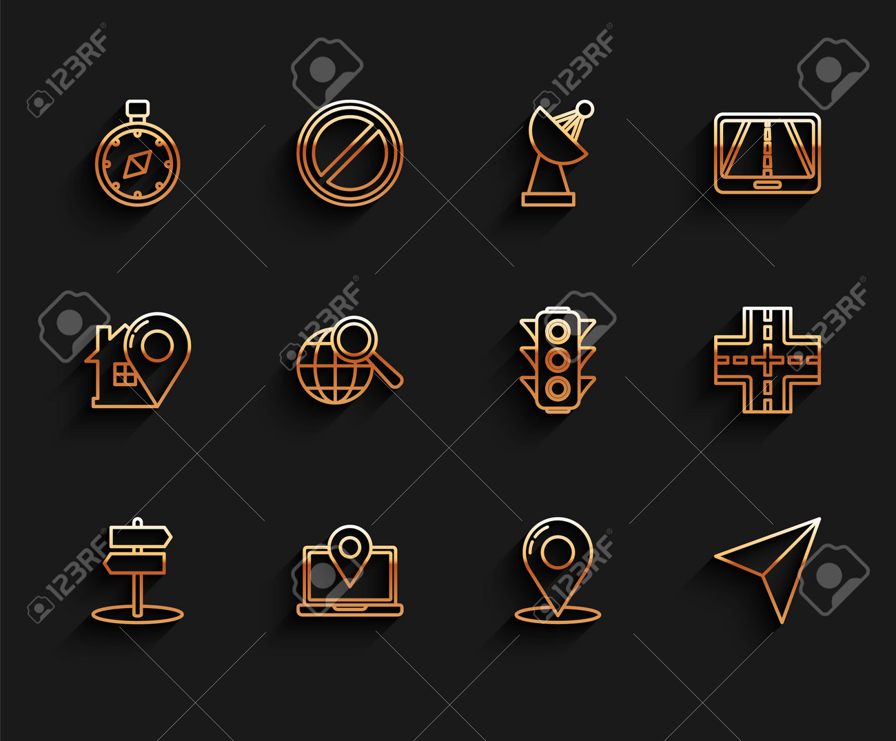 라인 도로 교통 표지판, 위치 마커가 있는 노트북, 나침반, 지도 핀, 종이 비행기, 돋보기 글로브, 신호등 아이콘을 설정합니다. 벡터  로열티 무료 사진, 그림, 이미지 그리고 스톡포토그래피. Image 194123586