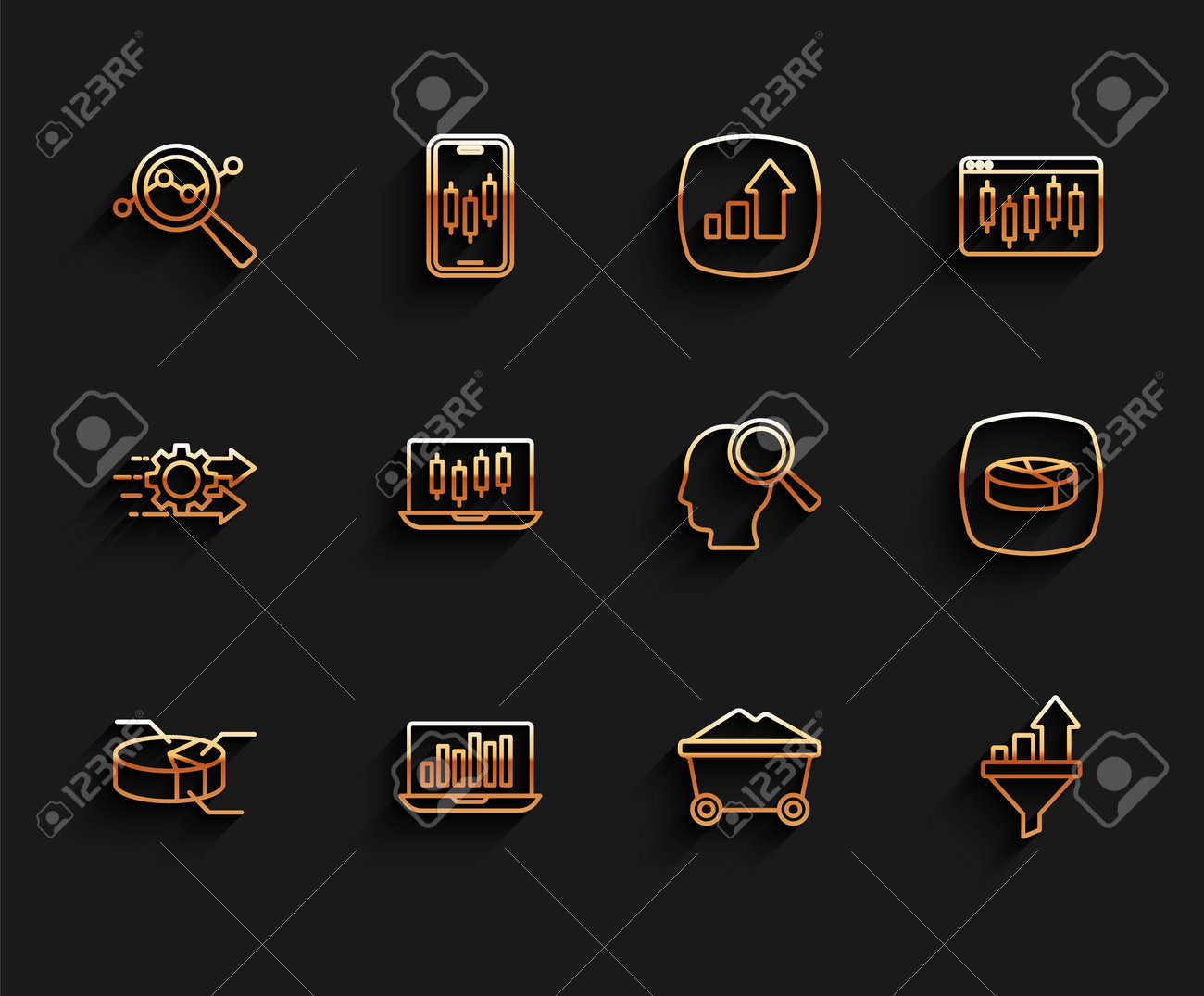 折れ線グラフのインフォグラフィック、ラップトップ、検索データ分析、炭鉱トロリー、販売ファネル、株式市場の成長グラフ、人のアイコンを設定します。ベクトルのイラスト素材・ベクター  Image 199290842