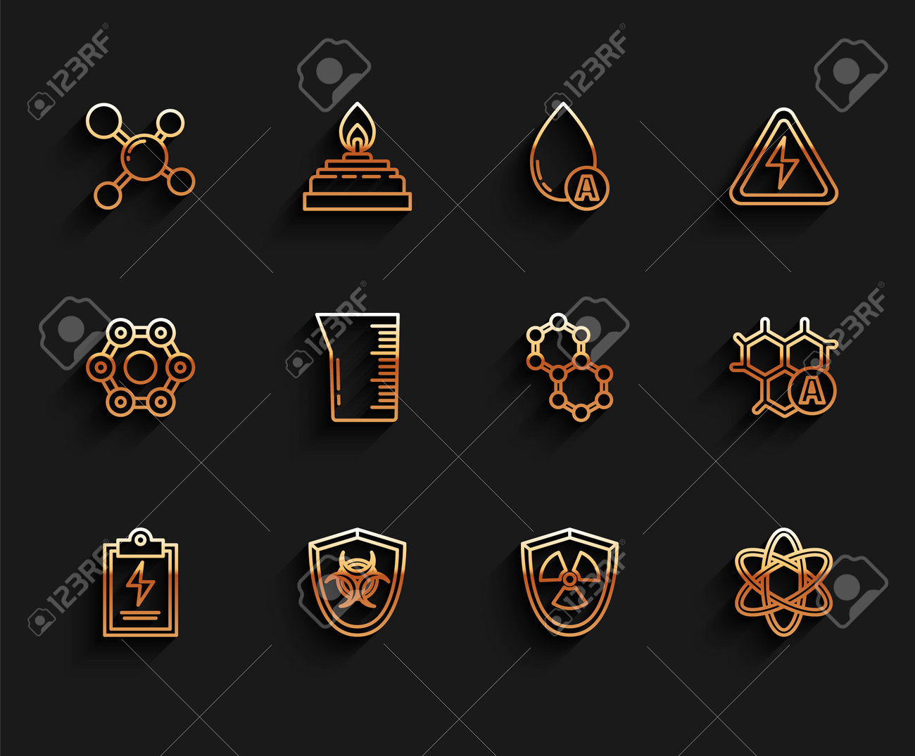 チェックリスト、シールド上のバイオハザード記号、分子、放射性、原子、ガラス製品ビーカー、化学式、アイコンを含む行の実験室クリップボードを設定します。ベクトルのイラスト素材・ベクター  Image 199174374