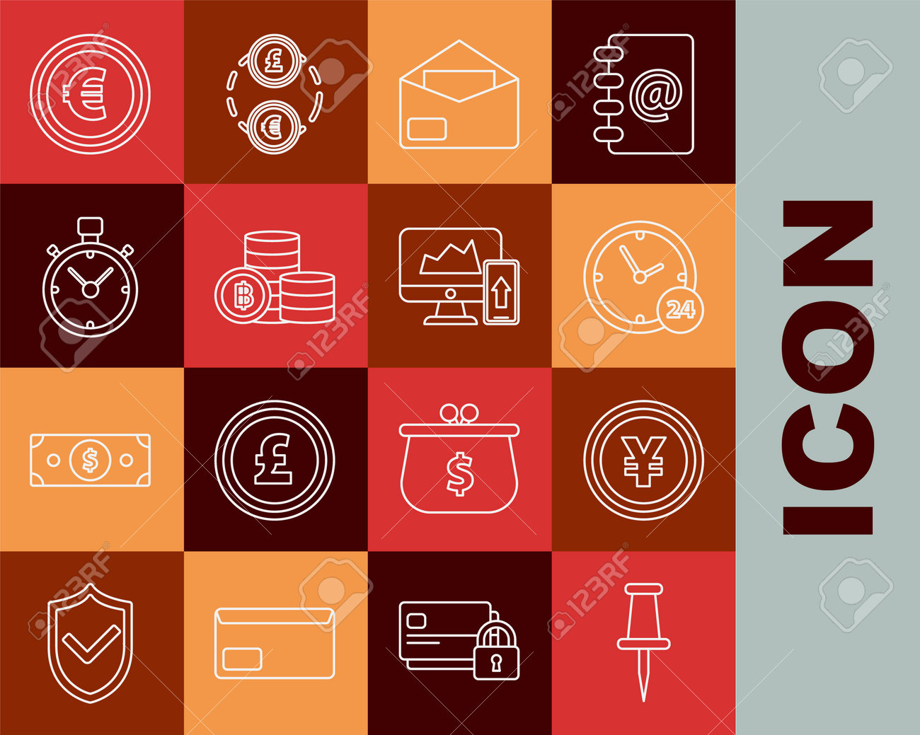 엔화 기호 시계 24시간 봉투 암호 화폐 동전 비트코인 스톱워치 유로 및 금융 차트 또는 컴퓨터 모니터와 휴대폰 아이콘 벡터 그래프를  사용하여 라인 푸시 핀 동전 돈을 설정합니다. 로열티 무료 사진, 그림,