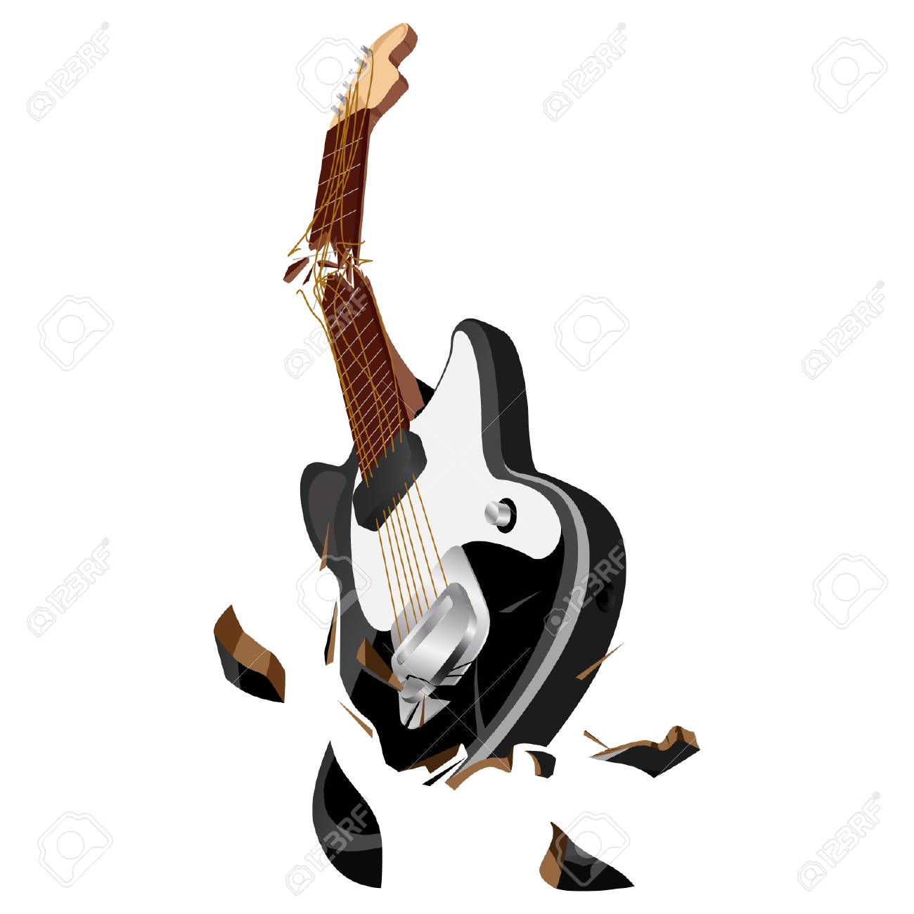 スマッシングギター。壊れたギターグリフと弦./壊れたエレキギター