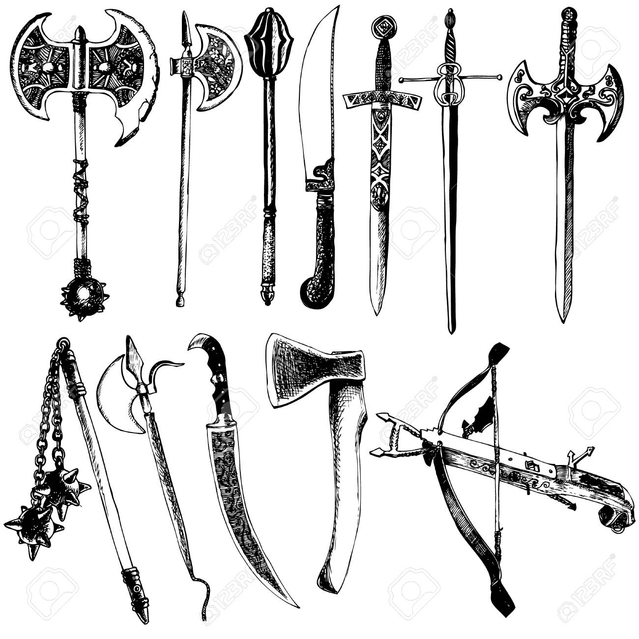 Medieval Weapons Vector Set. Axe, Sword, Billhook, Crossbow, Claymore,  Halberd, Flail, Flanged Mace, Spiked Mace. Клипарты, SVG, векторы, и Набор  Иллюстраций Без Оплаты Отчислений. Image 115846583