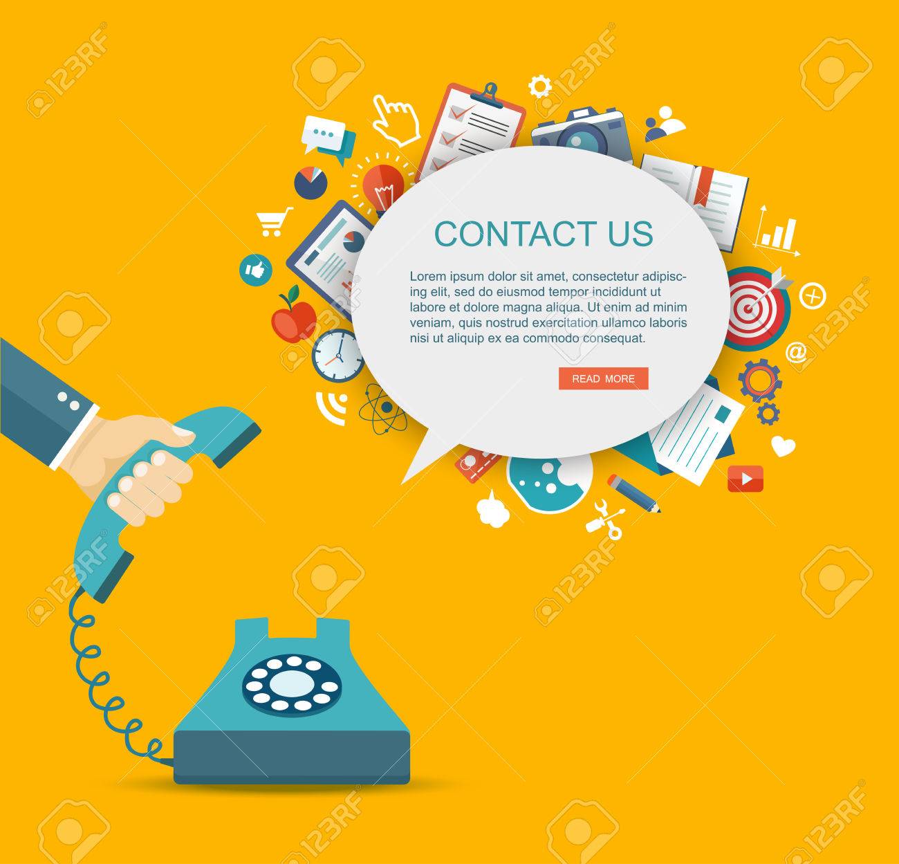 携帯電話のアイコンを持っている手のフラットの図 私たちにお問い合わせください のイラスト素材 ベクタ Image 42714865