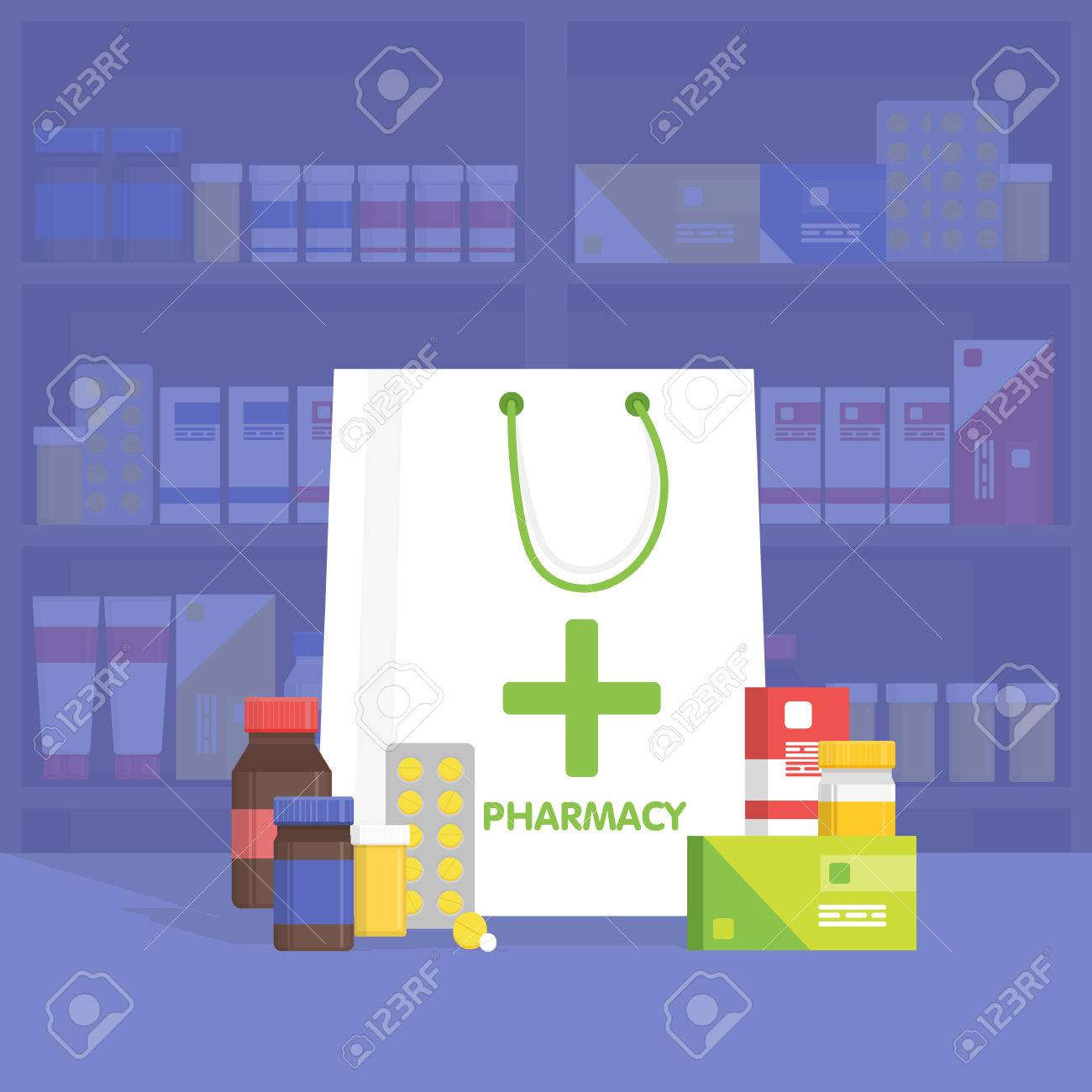 Modern interior pharmacy and drugstore. Sale of vitamins and medications. Vector simple illustration. - 52502043 Modern interior pharmacy and drugstore. Sale of vitamins and medications. Vector simple illustration. - 52502043