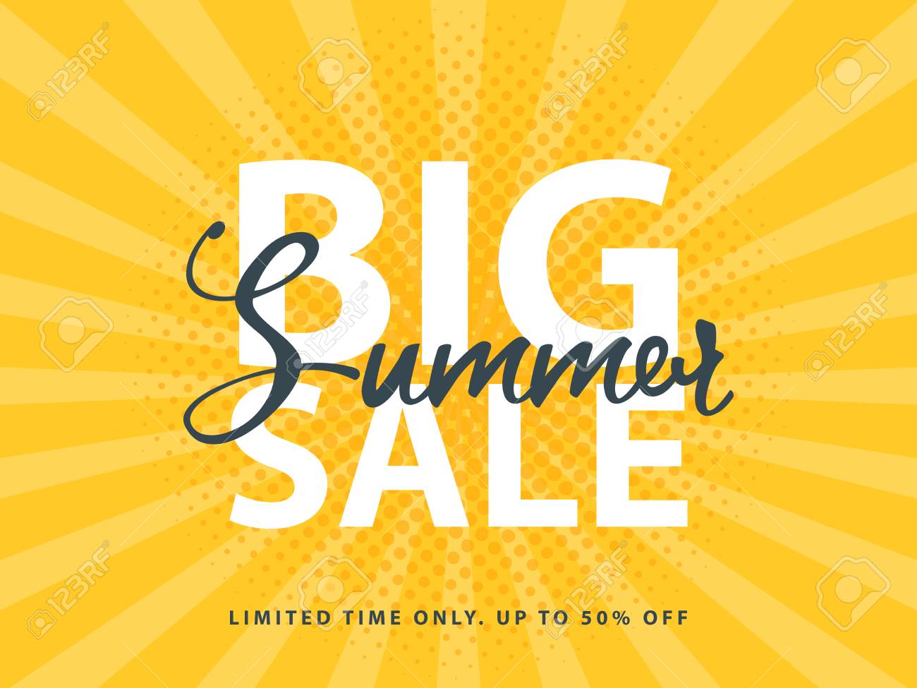 big summer sale sign with retro pop art halftone background