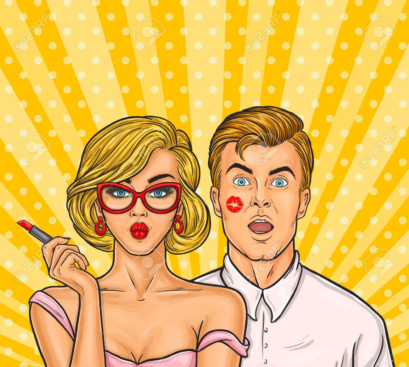 Vector pop art illustration of woman with red lipstick kissed a man - 68322266 Vector pop art illustration of woman with red lipstick kissed a man - 68322266