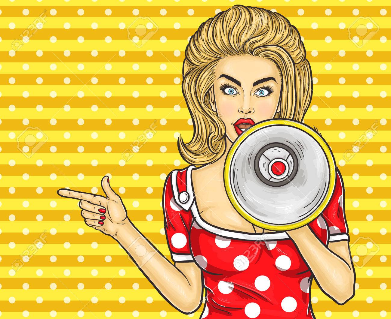 Vector illustration pop art girl with megaphone announce discounts and sales - 68647907 Vector illustration pop art girl with megaphone announce discounts and sales - 68647907