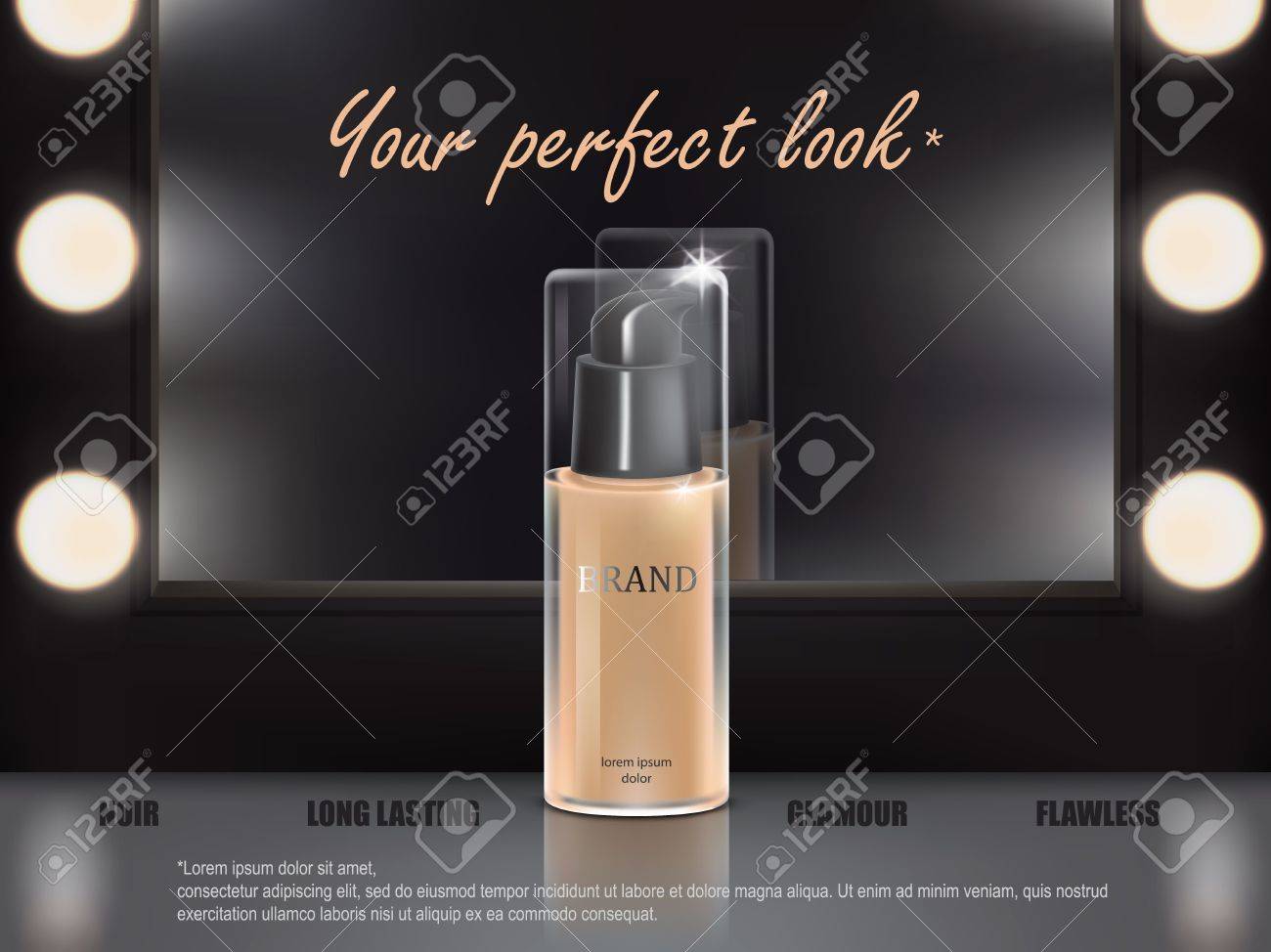 Vector 3D cosmetic illustration for the promotion of foundation premium product. Colorstay make-up in glass bottle standing on the dressing table. - 73966065 Vector 3D cosmetic illustration for the promotion of foundation premium product. Colorstay make-up in glass bottle standing on the dressing table. - 73966065