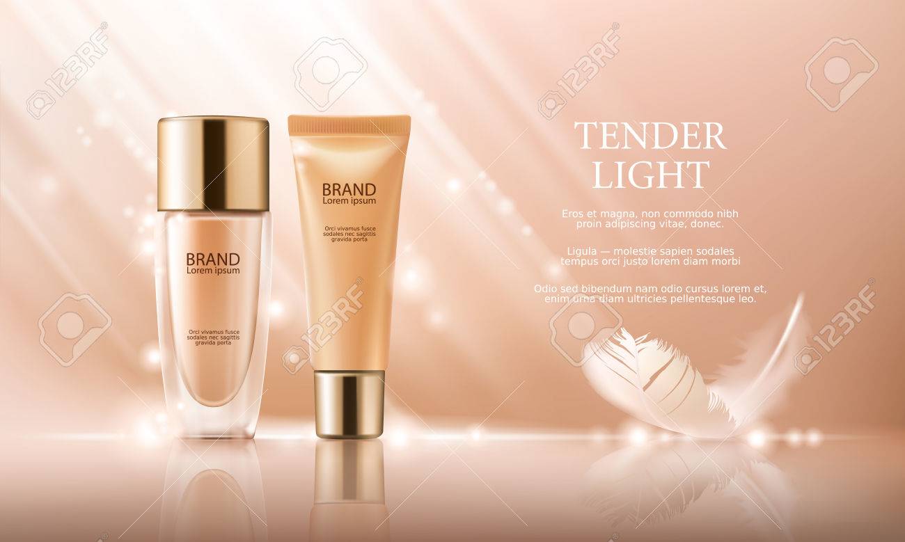 Vector 3D cosmetic illustration for the promotion of foundation premium product. Colorstay make-up in glass bottle and tube on a soft beige background with a feather - 73966075 Vector 3D cosmetic illustration for the promotion of foundation premium product. Colorstay make-up in glass bottle and tube on a soft beige background with a feather - 73966075