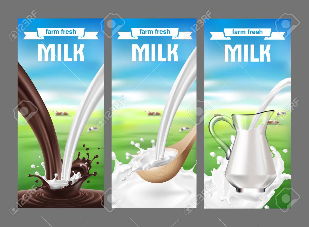 牛乳や牛乳のスプラッシュと注ぐ乳製品のラベルのセットのベクター イラストです のイラスト素材 ベクタ Image