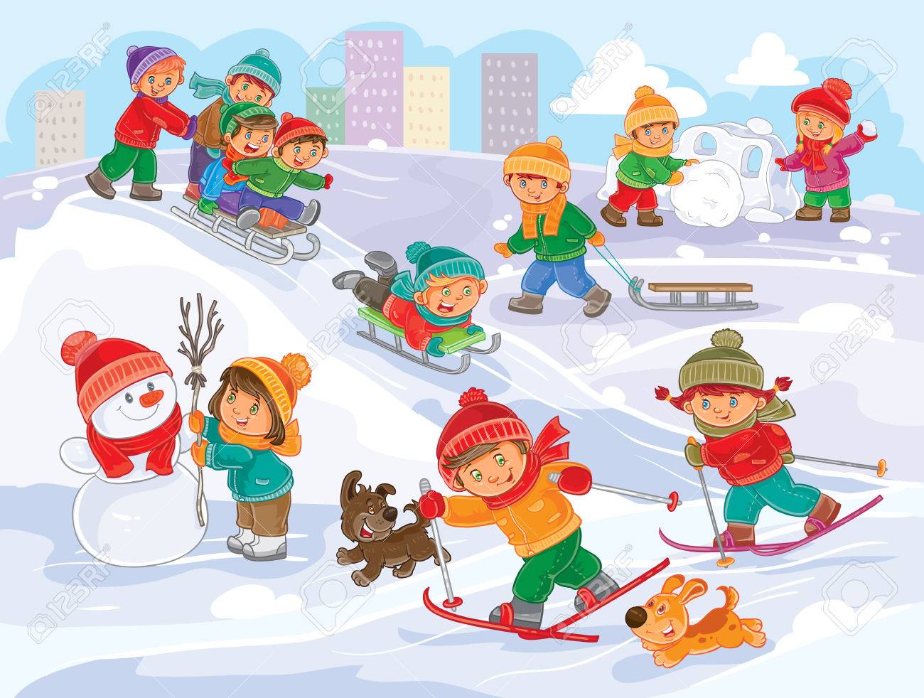 Winter Illustration Of Small Children Mold Snowmen, Playing Snowballs,  Sledding And Skiing Stock Photo, Picture And Royalty Free Image. Image  74731905.