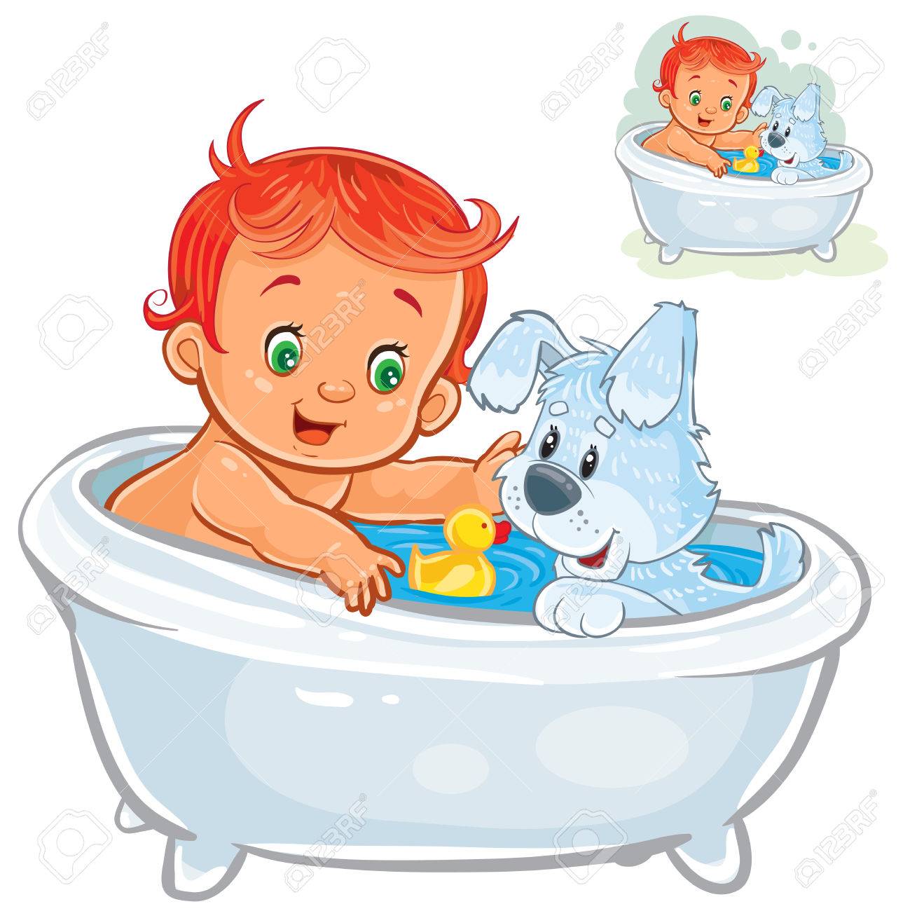 ゴムをしたり お風呂に小さな赤ちゃんのベクトル図は 彼の犬と一緒にカモします のイラスト素材 ベクタ Image