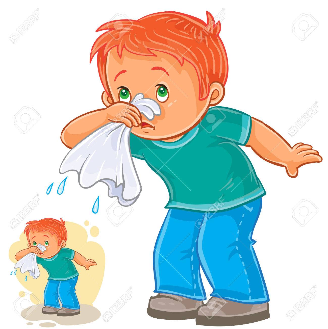 Download Vector Illustration Of A Sick Little Boy Blowing His Nose In A Handkerchief Respiratory Allergy Royalty Free Cliparts Vectors And Stock Illustration Image 76836029