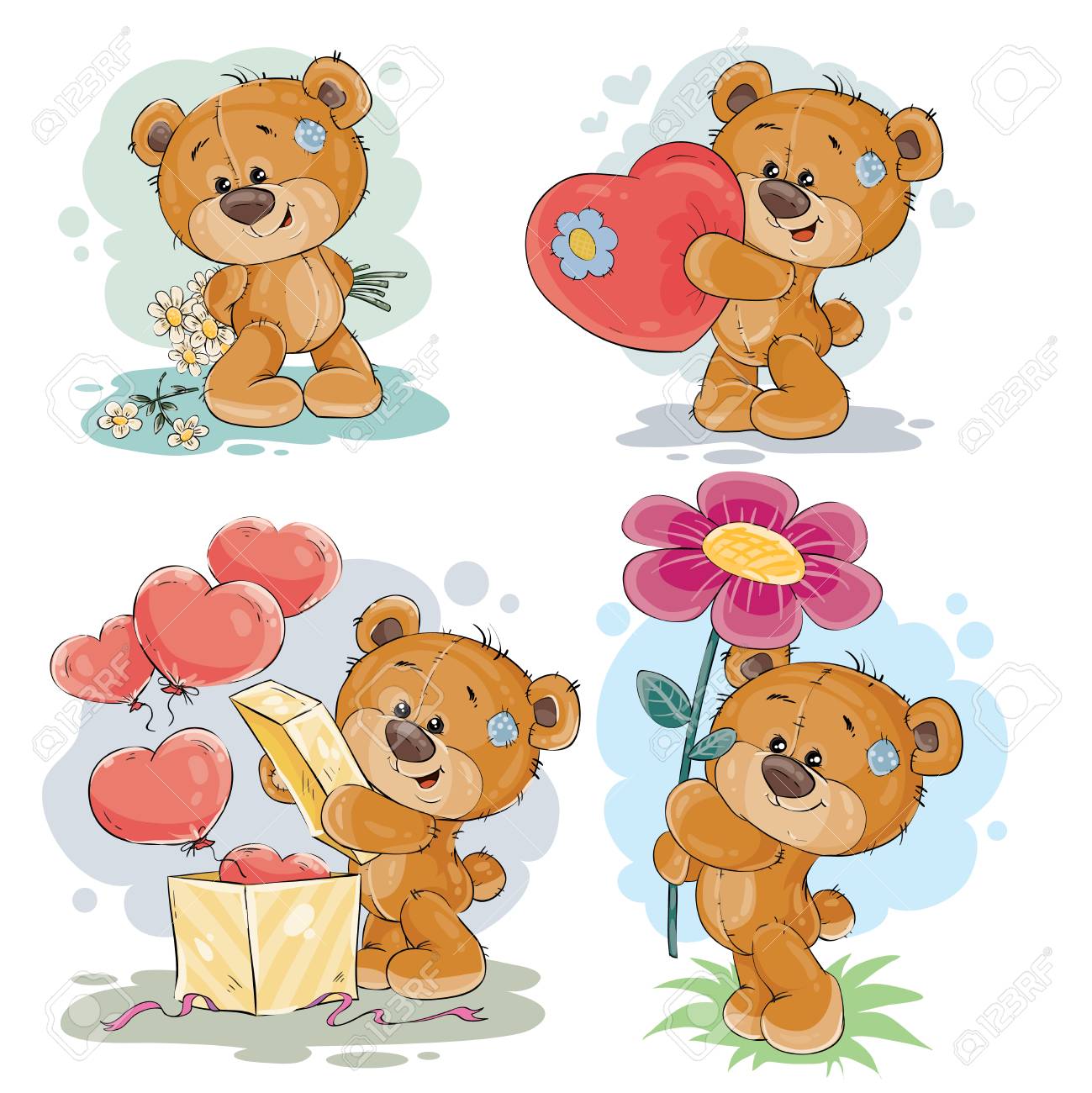 Ensemble D Illustrations Clipart D Ours En Peluche Enamoures Dans Diverses Poses Tenant Un Bouquet De Fleurs Coeur Deballe Le Cadeau Banque D Images Et Photos Libres De Droits Image