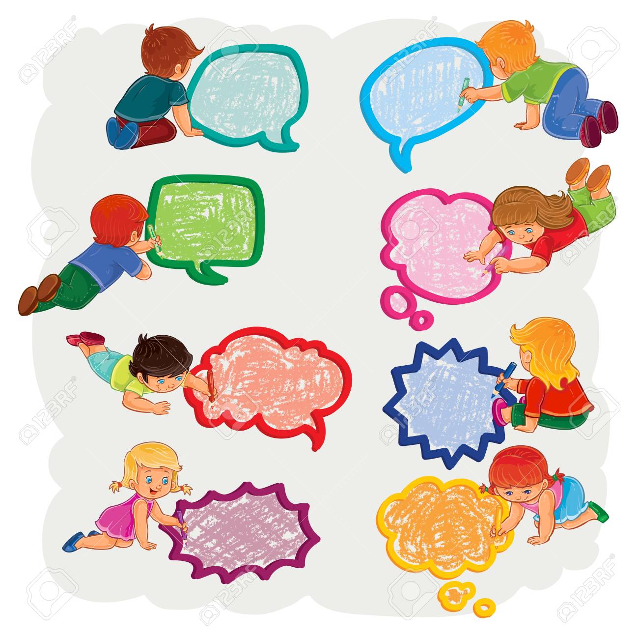 Set Of Icons Of Small Boys And Girls Sitting On The Floor And