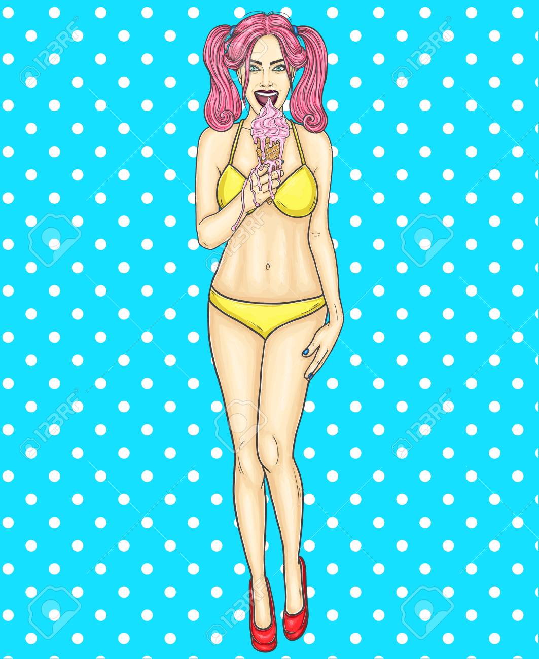 立っていると、アイスクリームを食べる若いセクシーな女の子のイラストを Pop アート ピンの写真素材・画像素材 Image 77771111