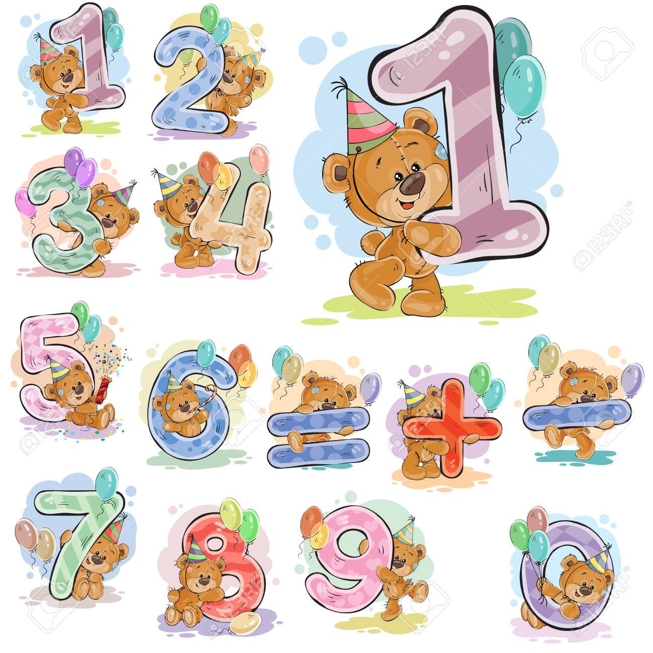 A set of vector illustrations with a brown teddy bear and numerals and mathematical symbols. - 78787082 A set of vector illustrations with a brown teddy bear and numerals and mathematical symbols. - 78787082