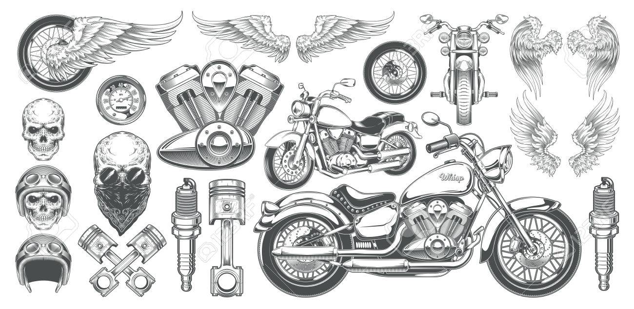 Set of illustrations, icons of hand-drawn vintage motorcycle in various angles, skulls, wings in the style of engraving. Classic chopper in ink style. Print, engraving, template, design element - 80150544 Set of illustrations, icons of hand-drawn vintage motorcycle in various angles, skulls, wings in the style of engraving. Classic chopper in ink style. Print, engraving, template, design element - 80150544