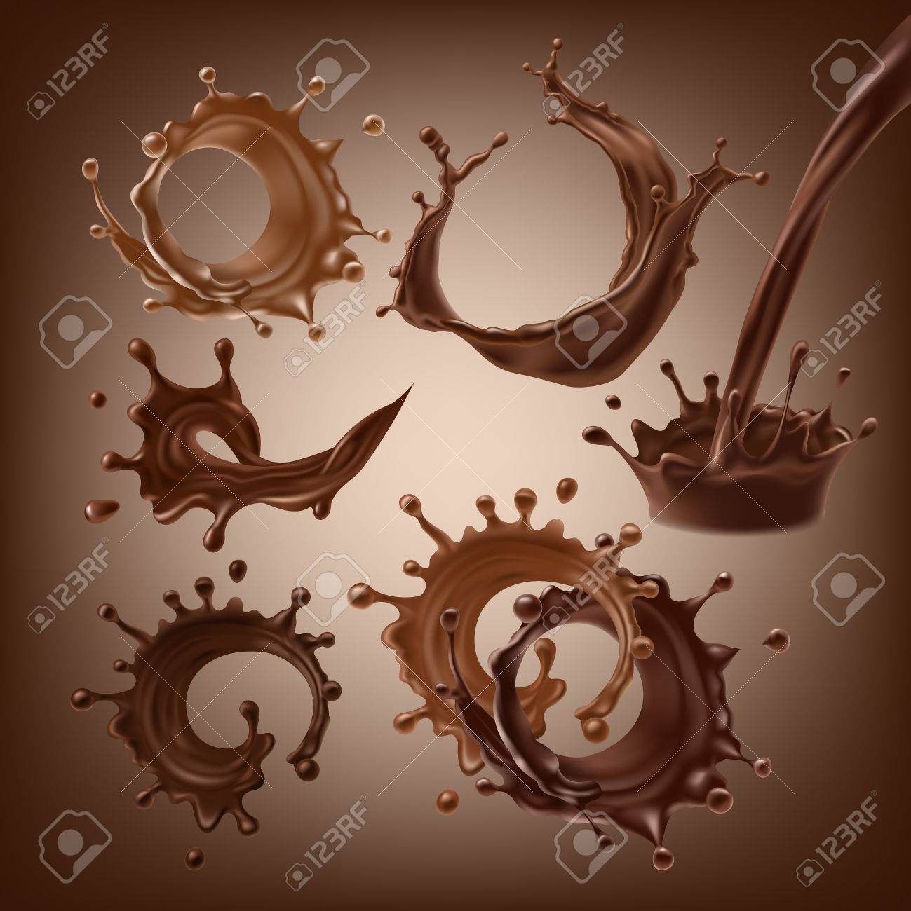 Set vector 3D illustrations, splashes and drops of melted dark and milk chocolate, dynamic splashes of hot coffee, cocoa, liquid chocolate. Print, template, design element for packaging, advertising - 81881147 Set vector 3D illustrations, splashes and drops of melted dark and milk chocolate, dynamic splashes of hot coffee, cocoa, liquid chocolate. Print, template, design element for packaging, advertising - 81881147