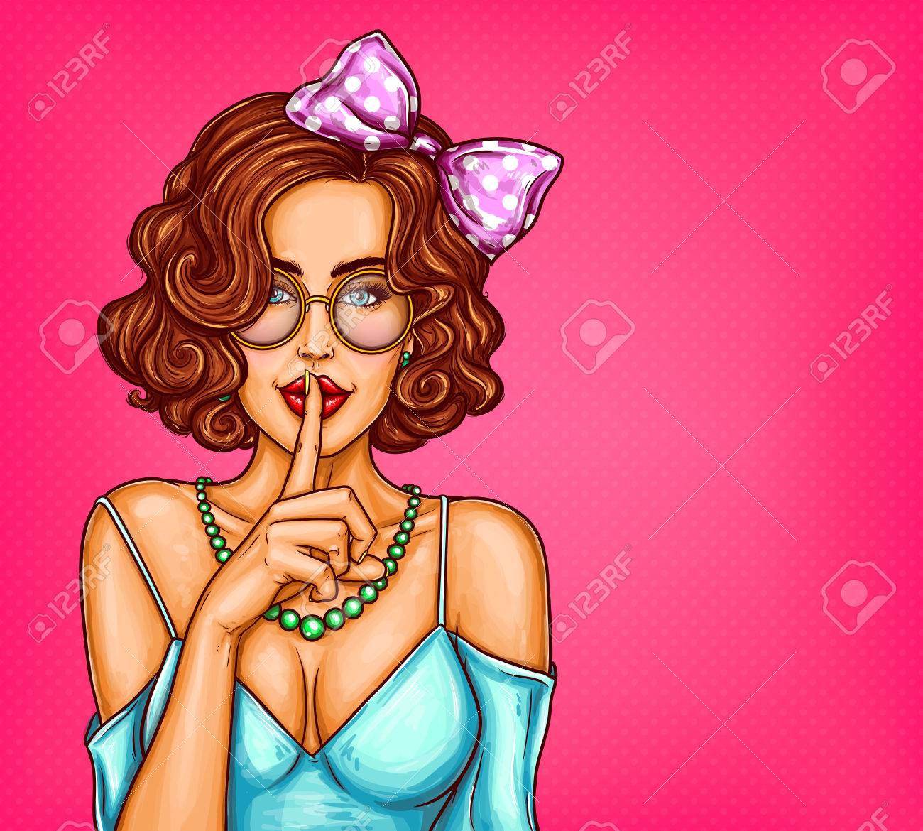 Vector pop art illustration of a girl holding her finger on her lips and asking for silence, quiet, do not tell anyone. Excellent advertising poster for advertising discounts and sales - 83237846 Vector pop art illustration of a girl holding her finger on her lips and asking for silence, quiet, do not tell anyone. Excellent advertising poster for advertising discounts and sales - 83237846