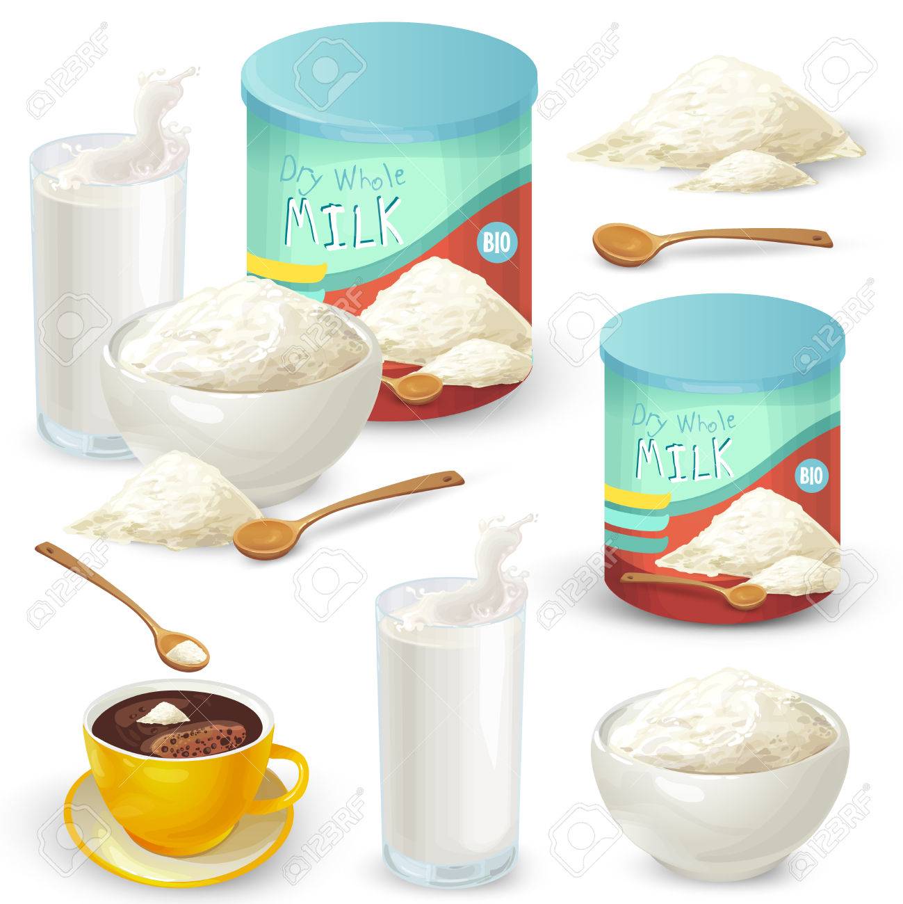 Vector set of cartoon illustration of milk powder in a closed aluminum can and poured into a bowl, a glass of prepared instant milk and the addition of milk powder into a cup of tea, coffee. - 84812903 Vector set of cartoon illustration of milk powder in a closed aluminum can and poured into a bowl, a glass of prepared instant milk and the addition of milk powder into a cup of tea, coffee. - 84812903