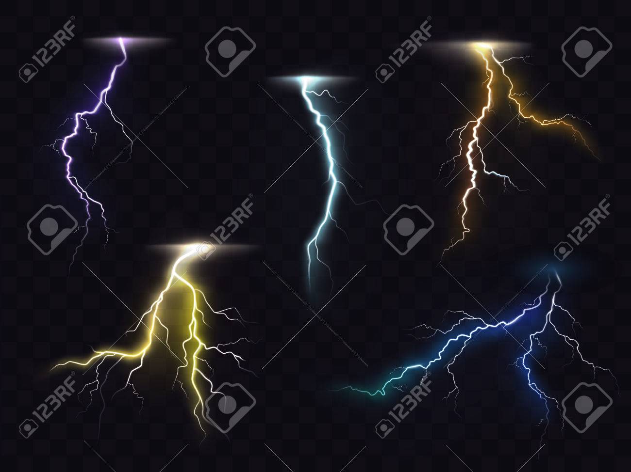 Colored Lightning Bolt Vector Set On Transparent Background Electric Discharges Thunderbolt Glowing Realistic Light Colored Lightning Bolt Vector Set On Transparent Background Electric Discharges Thunderbolt Glowing Realistic Light